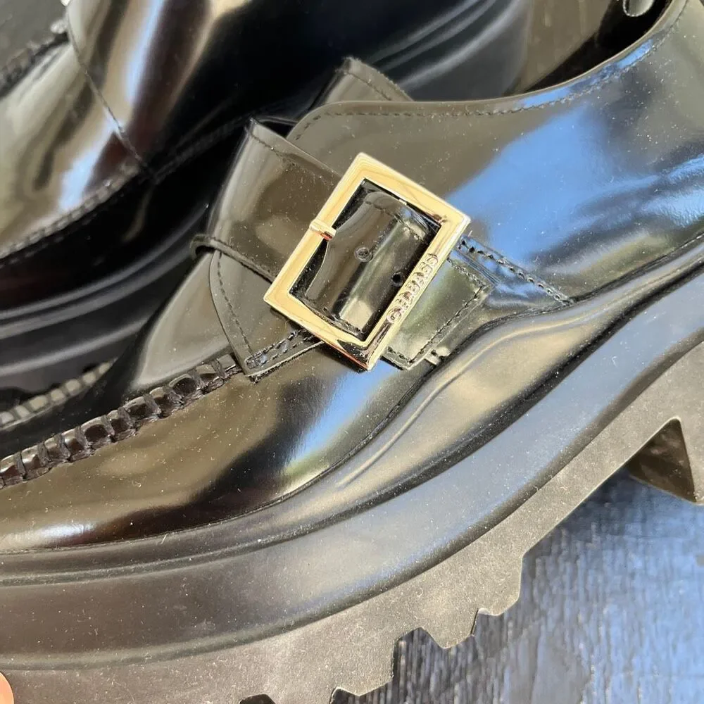 G.H. Bass Ella Platform Derby Loafers 9.5 Black Leather Chunky Lug Sole